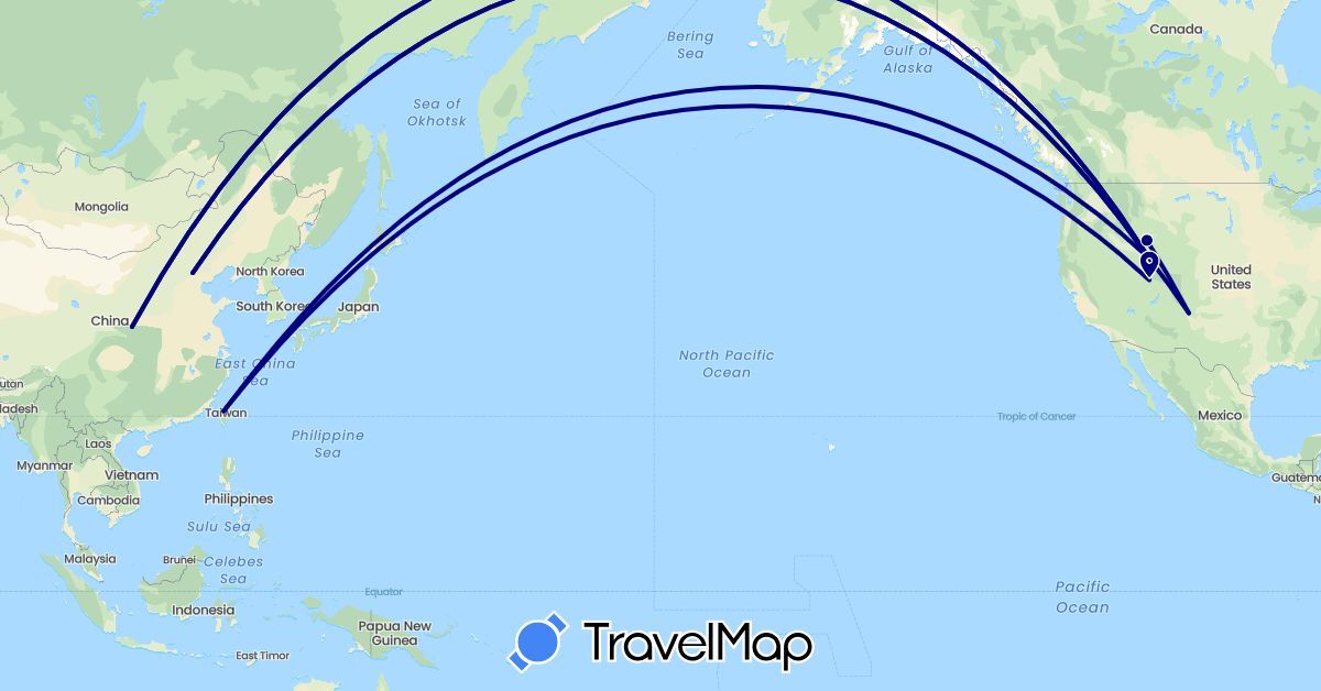 TravelMap itinerary: driving in China, Taiwan, United States (Asia, North America)